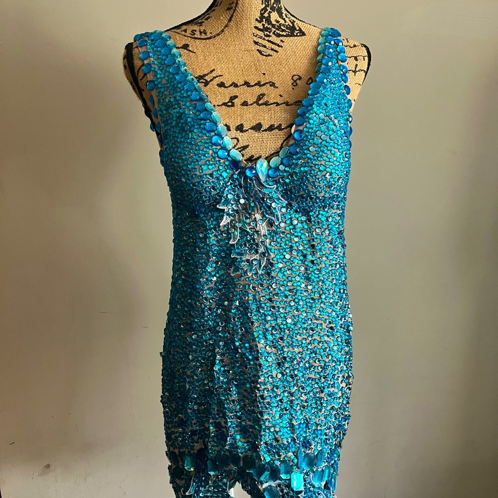 Turquoise rhinestone, nude mesh, one-of-a-kind samba dress (Queen or Muse)